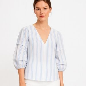 Zara Striped V-Neck Blouse Blue White Long Sleeve XS New Without Tags